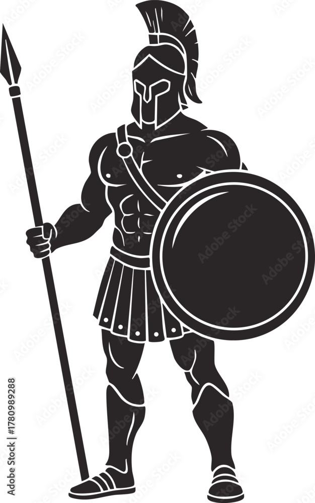 Obraz premium Powerful Spartan Ares Warrior Holding a Spear and Shield vector Illustration