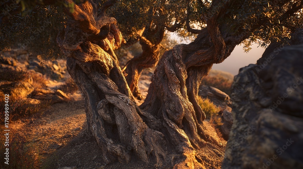 Fototapeta premium Ancient olive tree with twisted branches at sunset golden hour, rim light creating dramatic silhouette against layered landscape