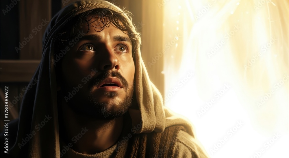 Obraz premium joseph looks up in awe at divine angelic light in biblical scene. nativity story of christmas. christian faith, hope, and miracle concept. copyspace.