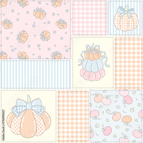 Grand millennial Preppy Coquette Pastel Pumpkin Patchwork Seamless Pattern. Cute Autumn Vintage Cozy Shabby Chic Gingham Fabric Design