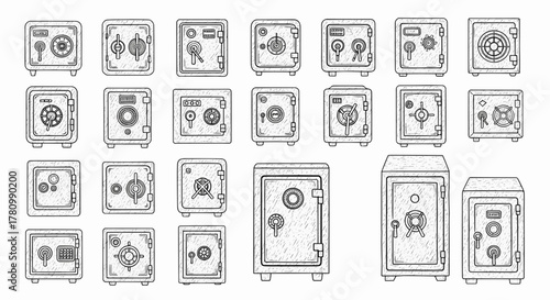 Collection of vintage safe boxes and strongboxes. Hand-drawn security and finance concept vector illustration