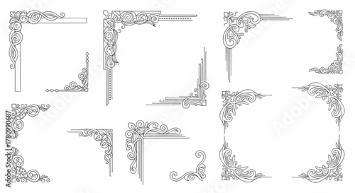 Set of ornate vintage decorative corner elements with calligraphic flourishes. A classical border vector illustration