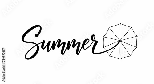 Summer lettering calligraphy with a beach umbrella icon, a minimalist black and white vector illustration