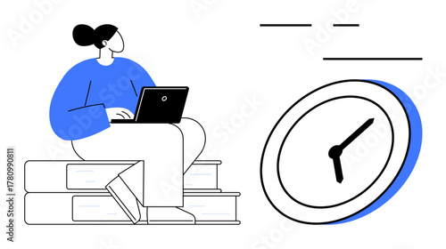 Person seated on stacked books using a laptop, large clock symbolizing time tracking and productivity. Ideal for education, remote work, self-discipline, multitasking, goal-setting, time planning