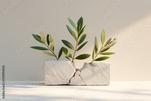 Delicate green olive branches in a cracked stone planter