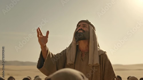 Male prophet preaching sermon with raised hand in ancient biblical desert land with crowd. Apostolical preach for repentance concept.