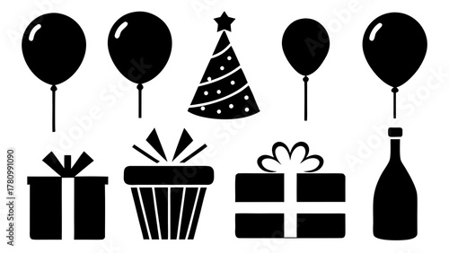 Festive celebration icons featuring balloons gifts party hat and champagne bottle