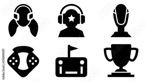 Black and white icons representing gaming culture and esports tournament victory