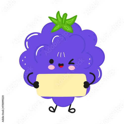 Cute winking blackberry character holding empty sign