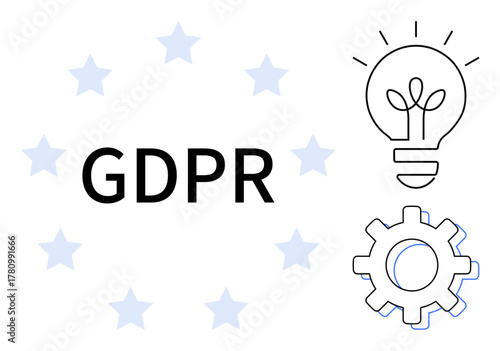 GDPR text surrounded by stars, lightbulb symbolizing innovation, and gear for process efficiency. Ideal for privacy, security, compliance, regulation, innovation technology data management. Simple