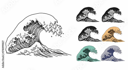 Vintage hand-drawn Japanese style great ocean wave engraving sketch art, a powerful sea storm vector illustration