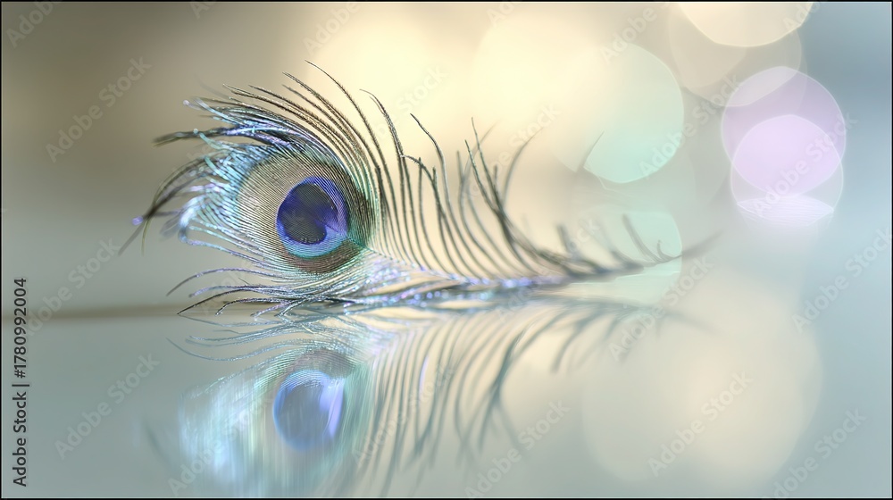 Obraz premium Iridescent peacock feather design element, delicate texture combined with mirror reflection, soft light dimensionality