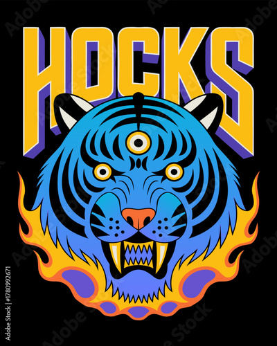A vibrant graphic illustration of a blue tiger head with a third eye and fiery flames, featuring the word "HOCKS" above.