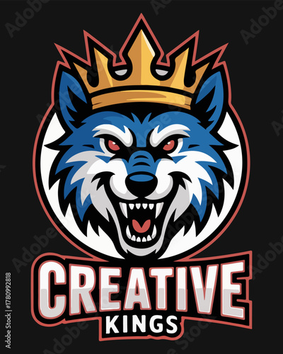 A fierce blue wolf mascot with a golden crown and red eyes, snarling aggressively, set within a circular emblem with "CREATIVE KINGS" text below.