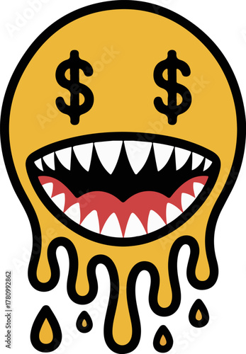 A cartoon illustration of a melting yellow blob face with dollar signs for eyes and a wide-open mouth showing sharp teeth and a red interior, dripping downwards.