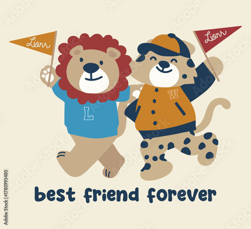 T-shirt print design of a lion and tiger's best friend forever slogan and  effected cute tiger drawing as vector, background on cream flag lion and tiger king, cute tiger, lion and kidish tiger.