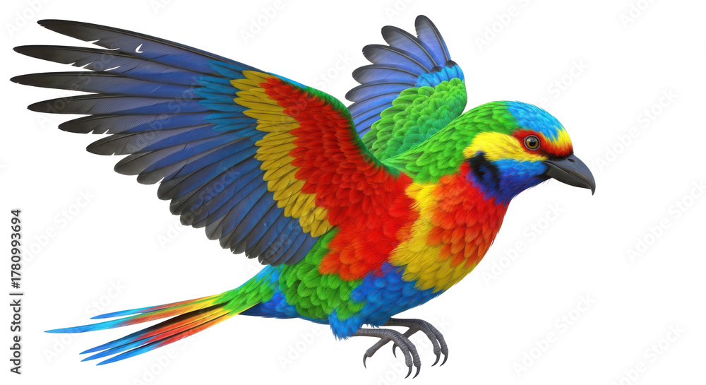 Obraz premium Vibrant colorful parrot with outstretched wings in flight detailed feathers isolated on transparent background