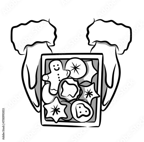 Hand-drawn illustration of a box full of winter cookies held in two hands with minimal shading, The cookies are decorated with different shapes for festive graphic projects