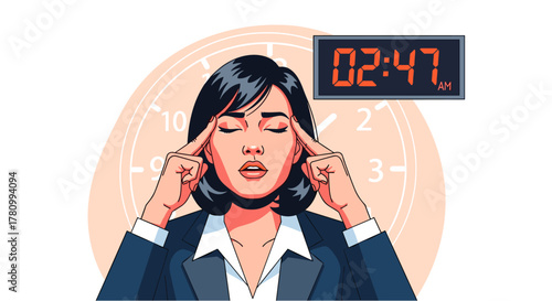 An exhausted Asian businesswoman experiences burnout and stress at 2:47 AM, highlighting the pressures of modern work and the need for work-life balance.