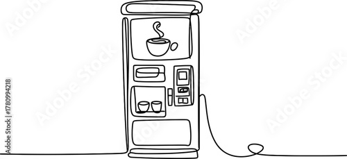 Minimalist continuous line art drawing of a modern coffee vending machine, serving hot beverages and drinks in a cafeteria or office setting, and a simple graphic design concept.