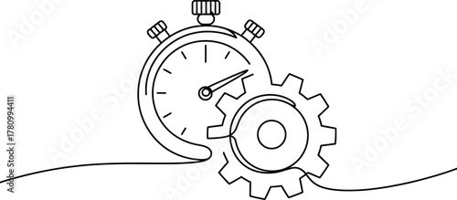 Continuous line art illustration of a stopwatch intertwined with a gear, symbolizing time management, efficiency, productivity, and operational business processes.