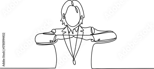 Continuous line drawing of a confident business person or professional with arms crossed, symbolizing self-assurance, professionalism, and elegance in abstract vector art.
