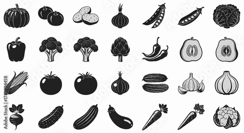 A diverse set of fresh organic vegetable icons in a monochrome style, isolated vector illustration