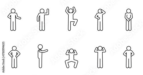 Linear icons of people, set of stickman poses, isolated silhouettes, human hand gestures	
