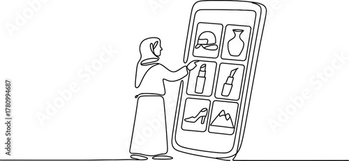 Woman in hijab engaged in mobile online shopping on a large smartphone, browsing diverse digital retail products in a continuous line art illustration. e-commerce concept.