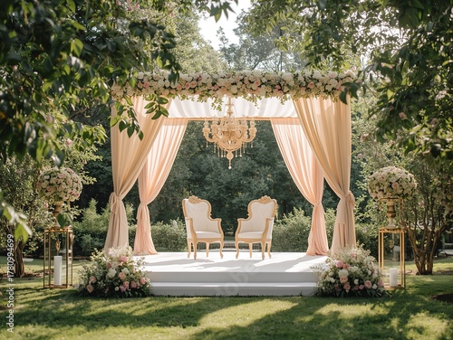 Enchanting wedding scene with elegant floral archway and chandelier in garden setting, perfect for romantic celebrations and event designs with natural light