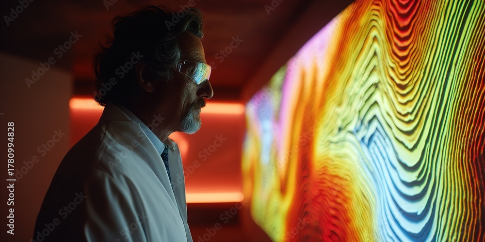 Obraz premium Scientist observes colorful patterns on a digital display in a modern lab at night