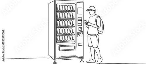Modern mobile payment concept: young person purchasing items from an automated vending machine using a smartphone, illustrated with continuous line art.