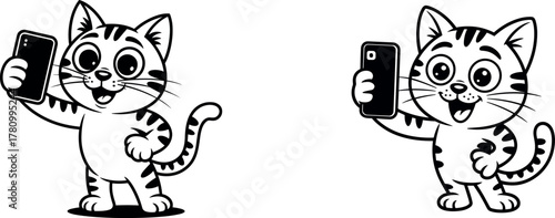 Black and White Cartoon Cat Mascot Taking Selfie with Phone - Standing Vector Set