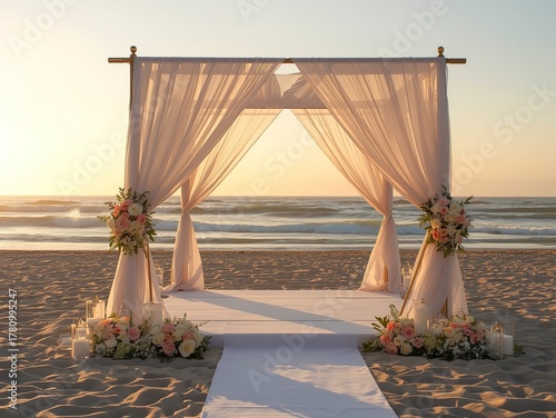 Dreamy beach wedding altar with elegant floral arrangements at sunset, perfect for romance and unforgettable moments, plan your special seaside celebration now