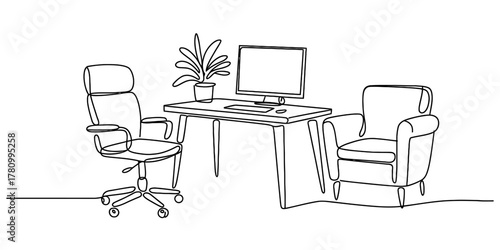 Minimalist single continuous line drawing of a contemporary home office workspace, showcasing a computer desk, ergonomic chair, houseplant, and a comfortable armchair.