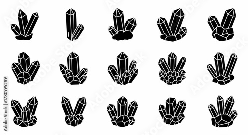 A set of black crystal cluster silhouette icons showing gemstone and mineral formations vector illustration