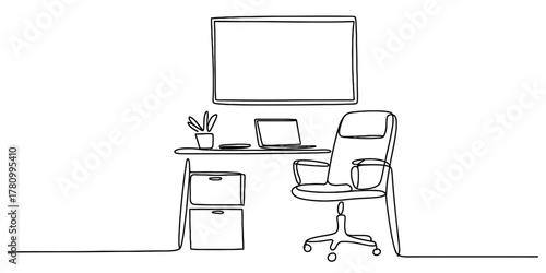 Minimalist continuous line art drawing of an empty modern office workspace featuring a desk, ergonomic chair, laptop, and monitor on a clean, isolated background.