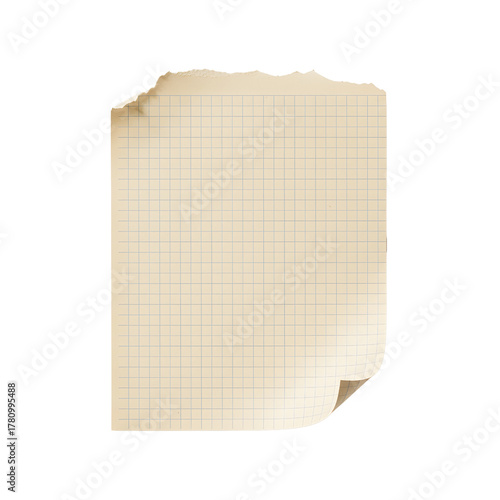 Torn graph paper in a soft cream tone with subtle square grid lines. Features a rough ripped top edge and a slightly curled corner with natural shadow. Conveys a simple, vintage feel, ideal as a backg