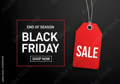 End of season black friday promotional sale vector banner with red tag and shop now button