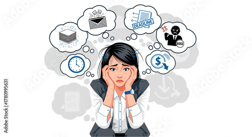 An Asian businesswoman experiences stress and burnout, overwhelmed by work and deadlines, struggling to manage her tasks and maintain a healthy work-life balance.