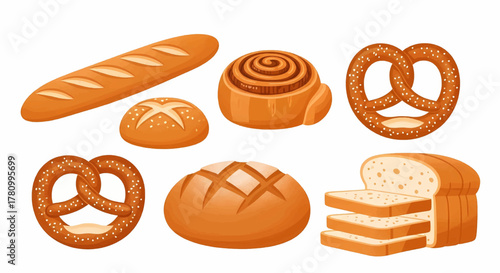 Set of various freshly baked bread and pastry items like pretzel and cinnamon roll, isolated vector illustration