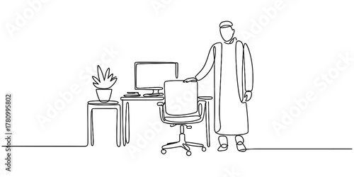 Minimalist one line art of a professional standing beside a contemporary office workspace featuring a computer, chair, and decorative plant, symbolizing productivity and modern work life.