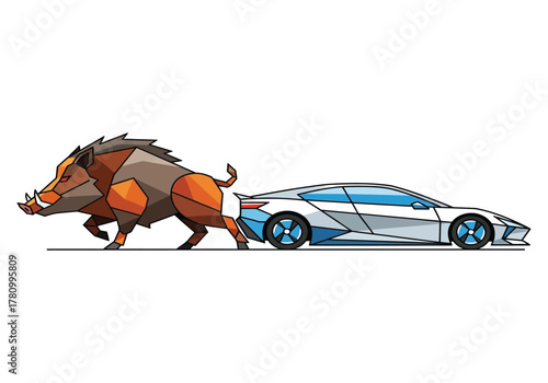 A powerful polygonal wild boar pulling a modern futuristic sports car on a white background.