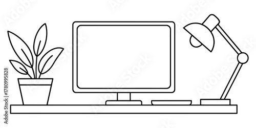 Minimalist desk setup line art illustration with a computer monitor, potted plant, and desk lamp on a clean surface, representing modern workspace and productivity design.