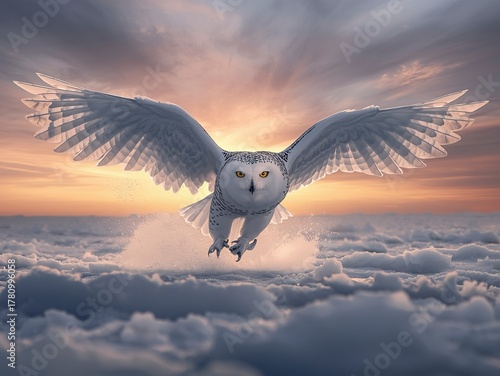 Majestic snowy owl soars across a dreamy sky at sunset, wings spread wide, capturing the beauty of nature and freedom in a breathtaking aerial view