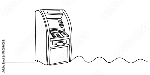 Continuous line art drawing of an automated teller machine (atm) for cash withdrawals, deposits, and banking transactions. modern financial technology service symbol.