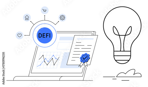 Laptop with DEFI label, financial graph, certified document, surrounding icons, and light bulb. Ideal for blockchain, fintech, innovation, investment digital finance cryptocurrency financial