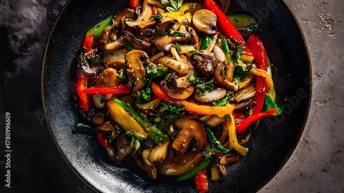 Fototapeta Naklejka Na Ścianę i Meble -  Vibrant gourmet mushroom stir-fry bursting with fresh vegetables and herbs a culinary delight