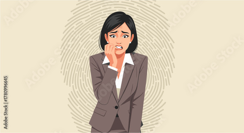 An Asian businesswoman experiences work-related burnout, biting her nails as she grapples with stress and anxiety in a demanding corporate environment.