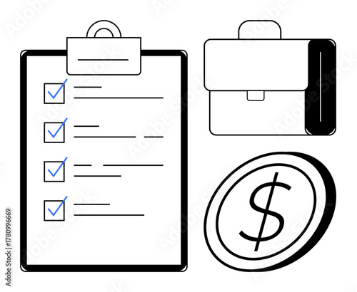 Clipboard with checkmarks, briefcase, and dollar coin highlighting organization, productivity, and financial planning. Ideal for business strategy, career goals, task management, finance investment